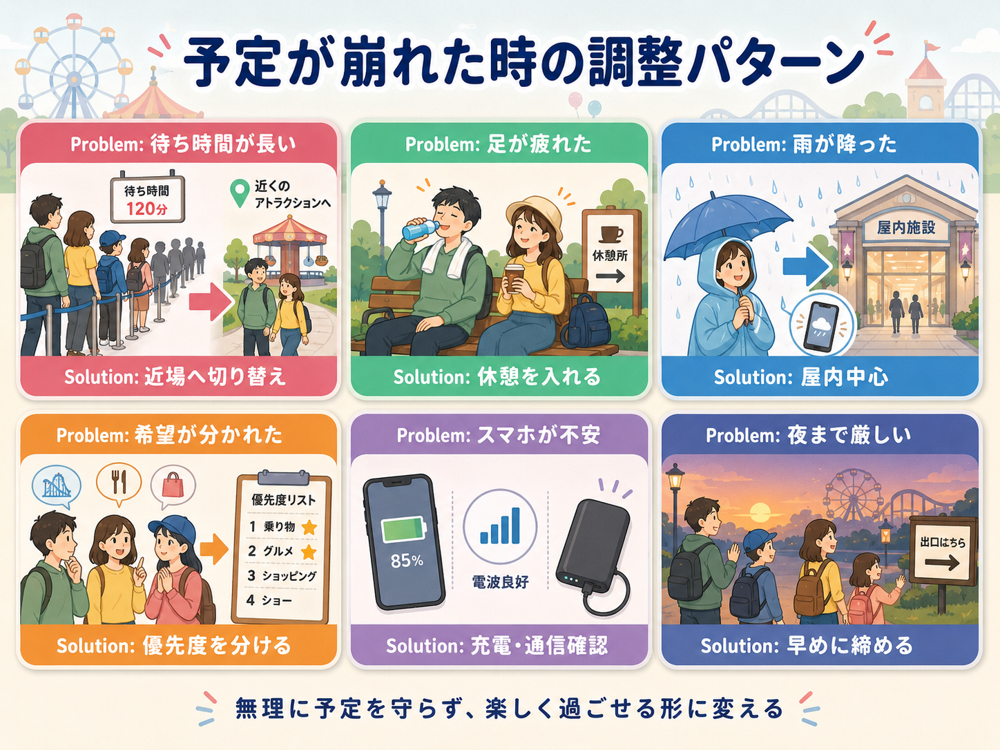 予定が崩れた時の調整パターン。待ち時間が長い、足が疲れた、雨が降った、希望が分かれた時の解決策を示す図解