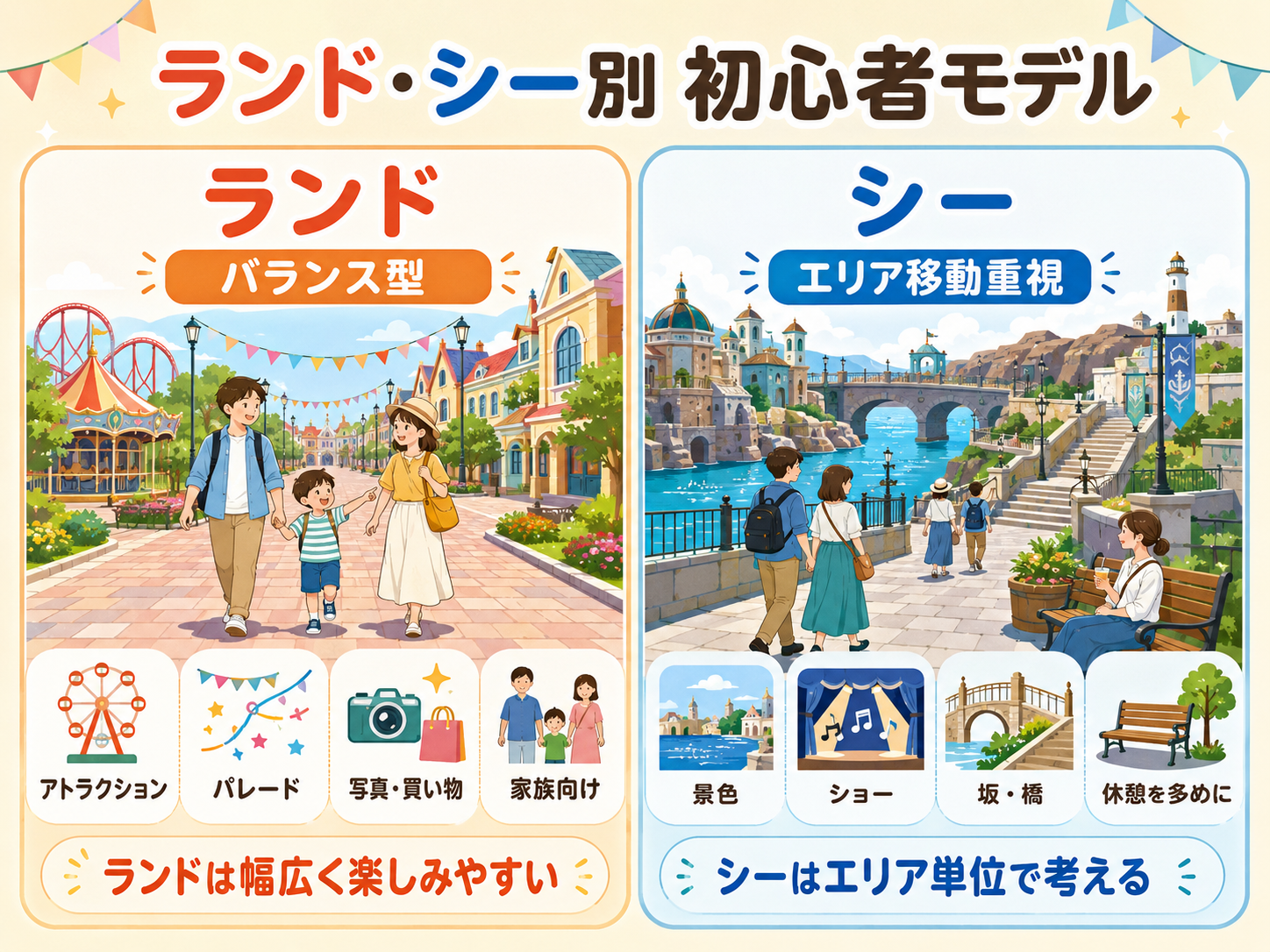 ランド・シー別初心者モデル。ランドはバランス型、シーはエリア移動重視として比較した図解