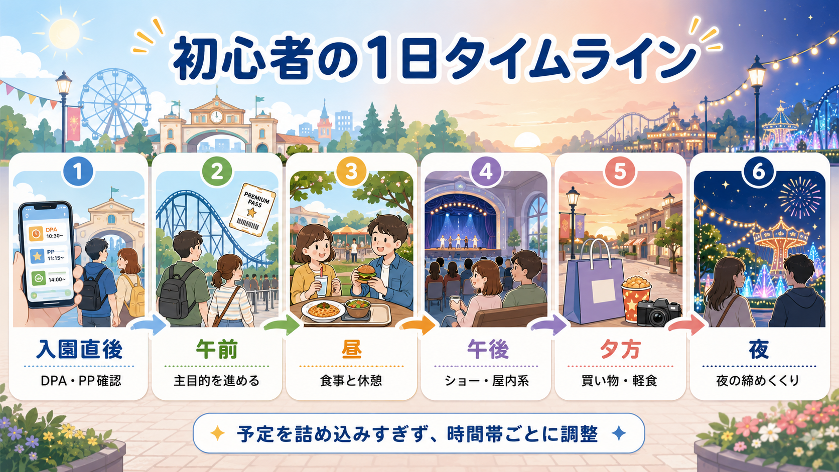 初心者の1日タイムライン。入園直後、午前、昼、午後、夕方、夜の流れを示した図解