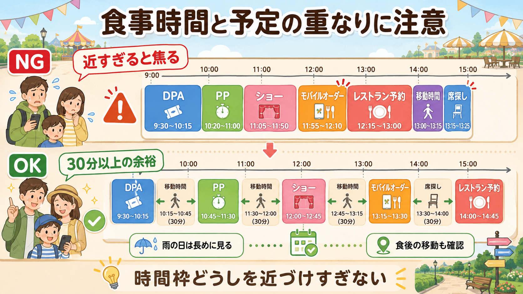 DPA、PP、ショー、モバイルオーダー、レストラン予約の時間を近づけすぎないためのタイムライン図解