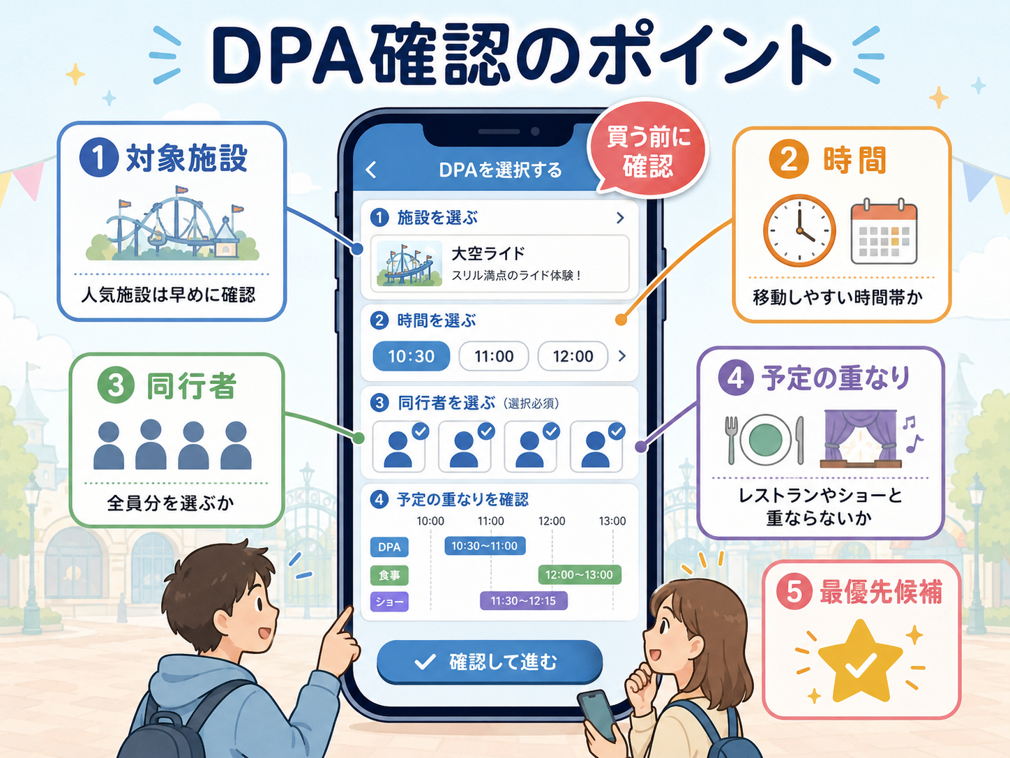 DPA確認のポイント。対象施設、時間、同行者、予定の重なり、最優先候補を買う前に確認する図解