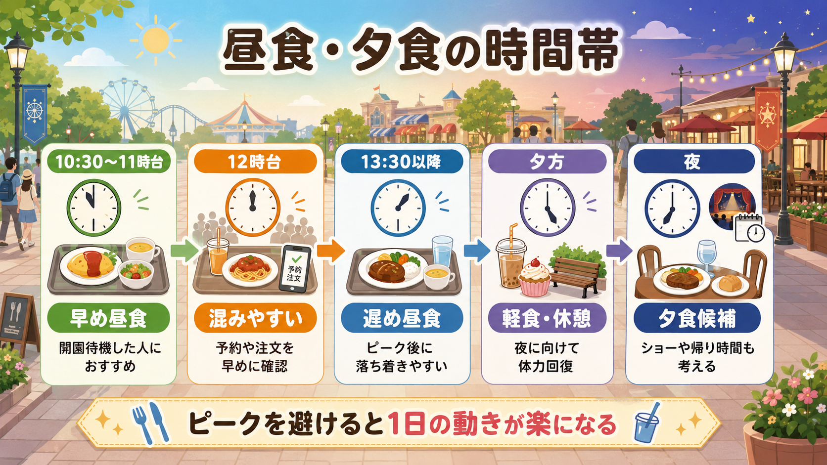 ディズニーの昼食と夕食のおすすめ時間帯を早め昼食、ピーク、遅め昼食、夕方、夜で整理した図解