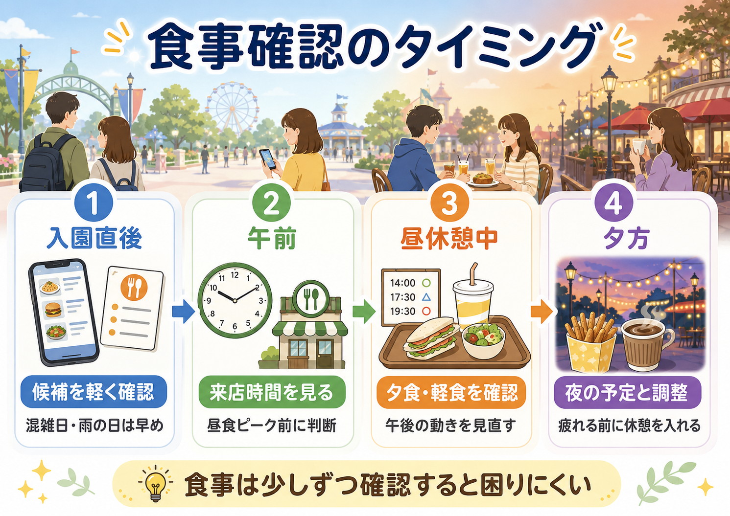 ディズニーで入園直後、午前、昼休憩中、夕方に食事候補を確認するタイミングの図解