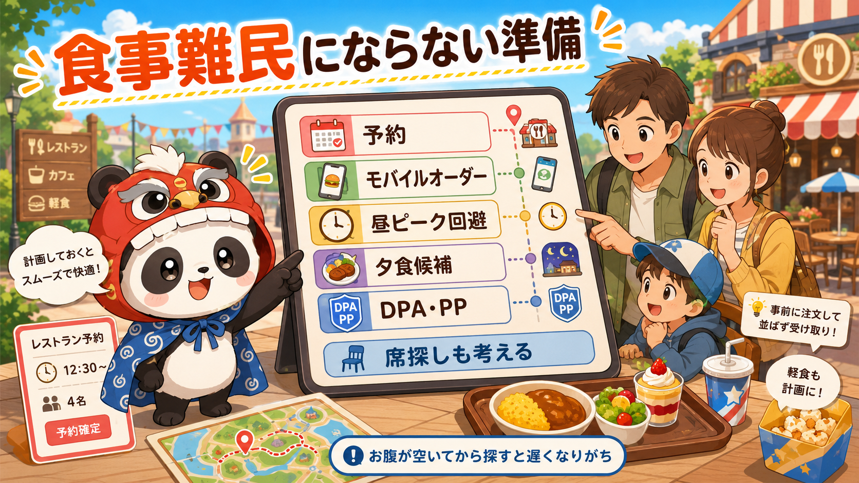 ディズニーの食事計画を予約、モバイルオーダー、昼食ピーク回避、夕食候補、DPA・PP調整で整理した図解