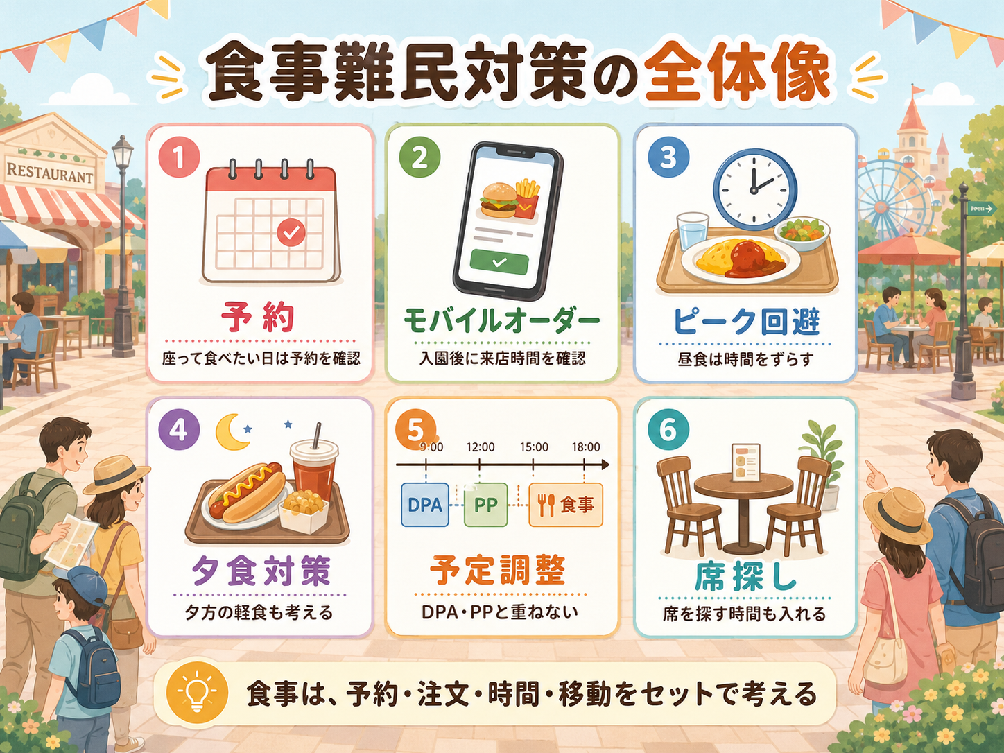 ディズニーで食事難民にならないための予約、モバイルオーダー、ピーク回避、予定調整の全体像