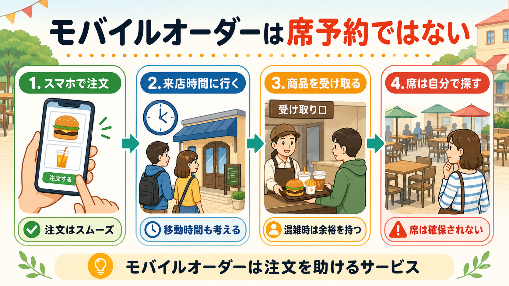ディズニーのモバイルオーダーは席予約ではなく注文と受け取りを助けるサービスだと説明する図解