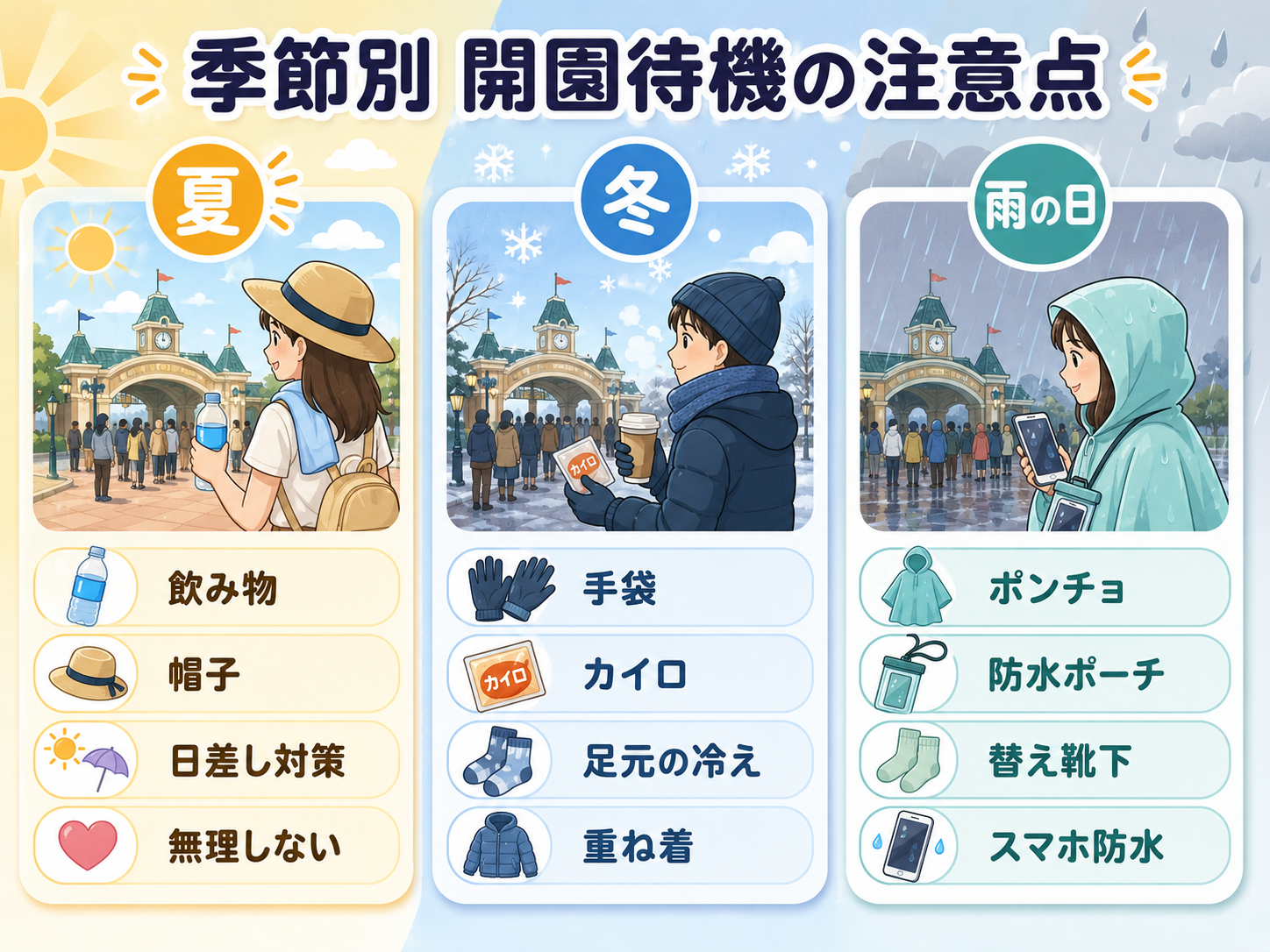 季節別の開園待機の注意点。夏は飲み物や帽子や日差し対策、冬は手袋やカイロや重ね着、雨の日はポンチョや防水ポーチや替え靴下を示した図解