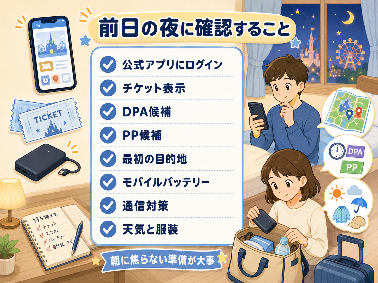 前日の夜に確認すること。公式アプリログイン、チケット表示、DPA候補、PP候補、最初の目的地、モバイルバッテリー、通信対策、天気と服装をまとめたチェックリスト図解