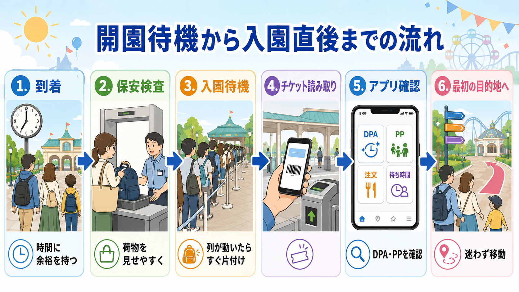 開園待機から入園直後までの流れ。到着、保安検査、入園待機、チケット読み取り、アプリ確認、最初の目的地への移動を順番に示した図解