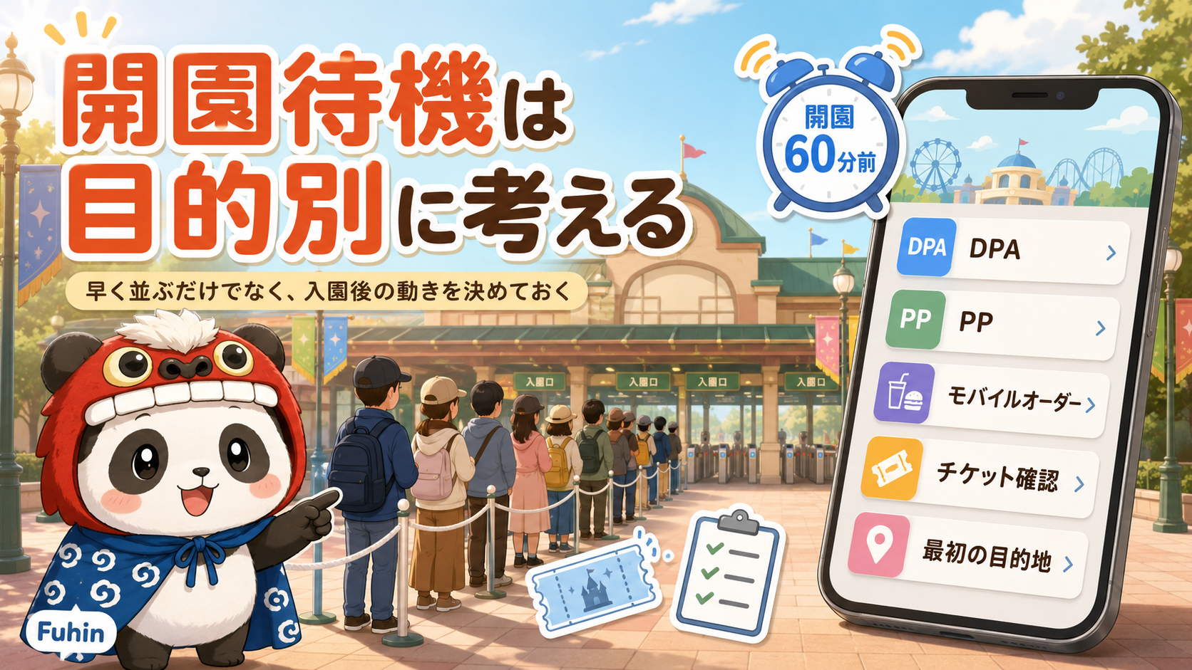 開園待機は目的別に考えることを示した、ゲート前の待機列とスマホ操作のイラスト