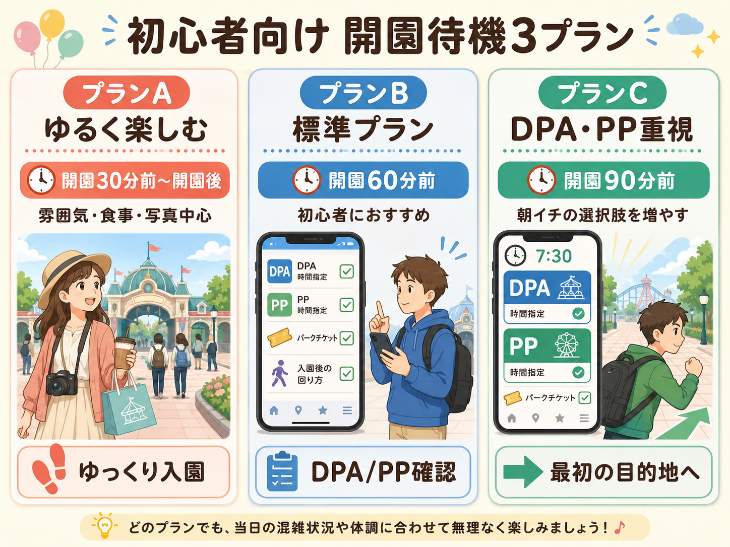初心者向け開園待機3プラン。プランAは開園30分前から開園後、プランBは開園60分前、プランCは開園90分前を目安にした比較図解