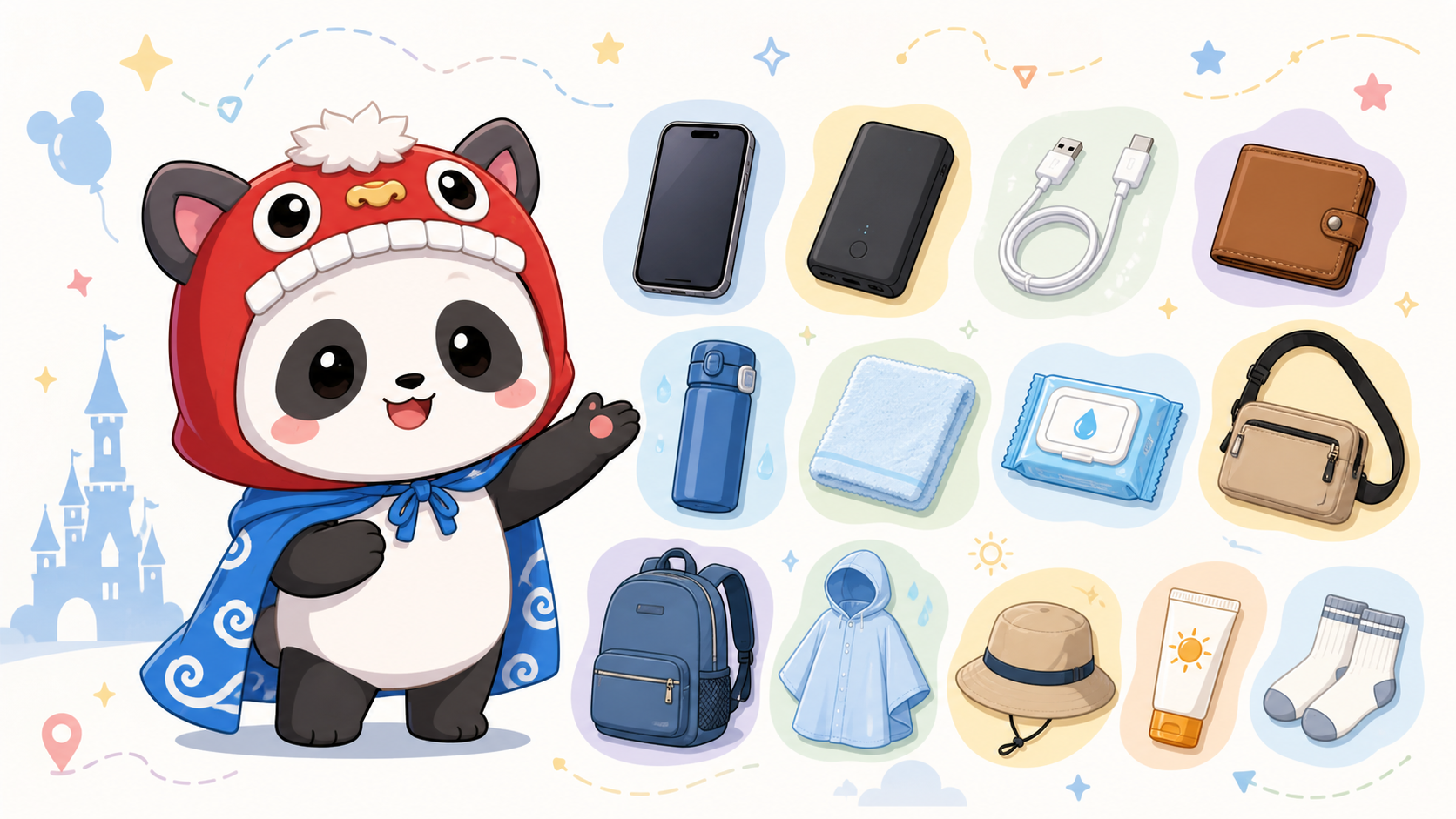 ふーひんがディズニーに行く時の持ち物を紹介しているイラスト