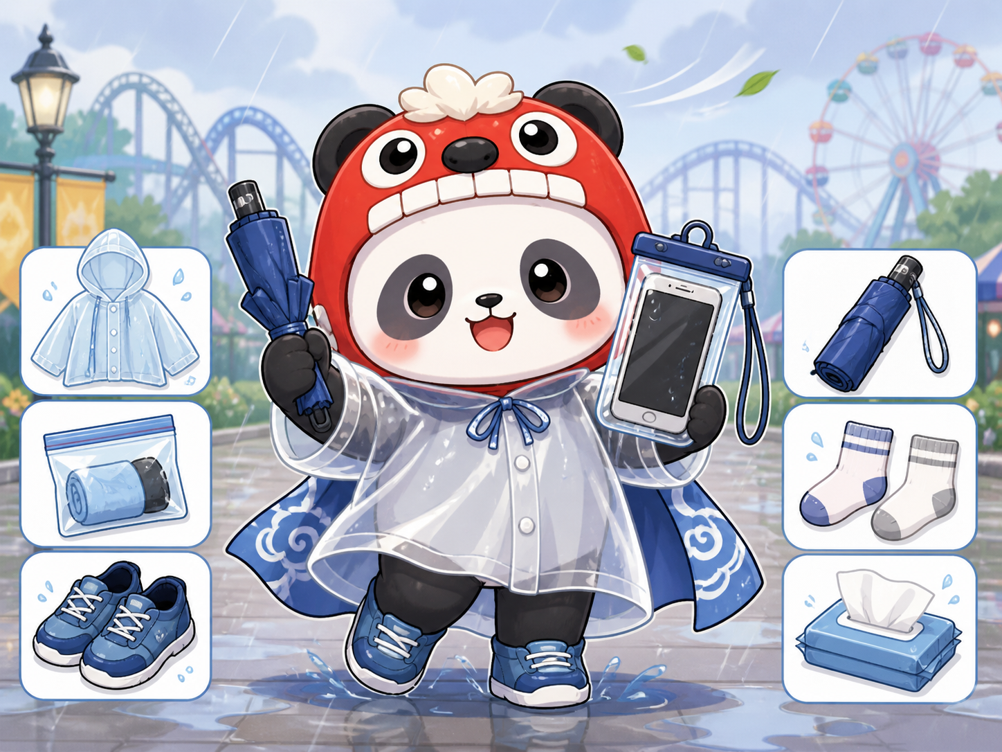 雨の日のディズニーに備えるふーひんと雨具の持ち物イラスト