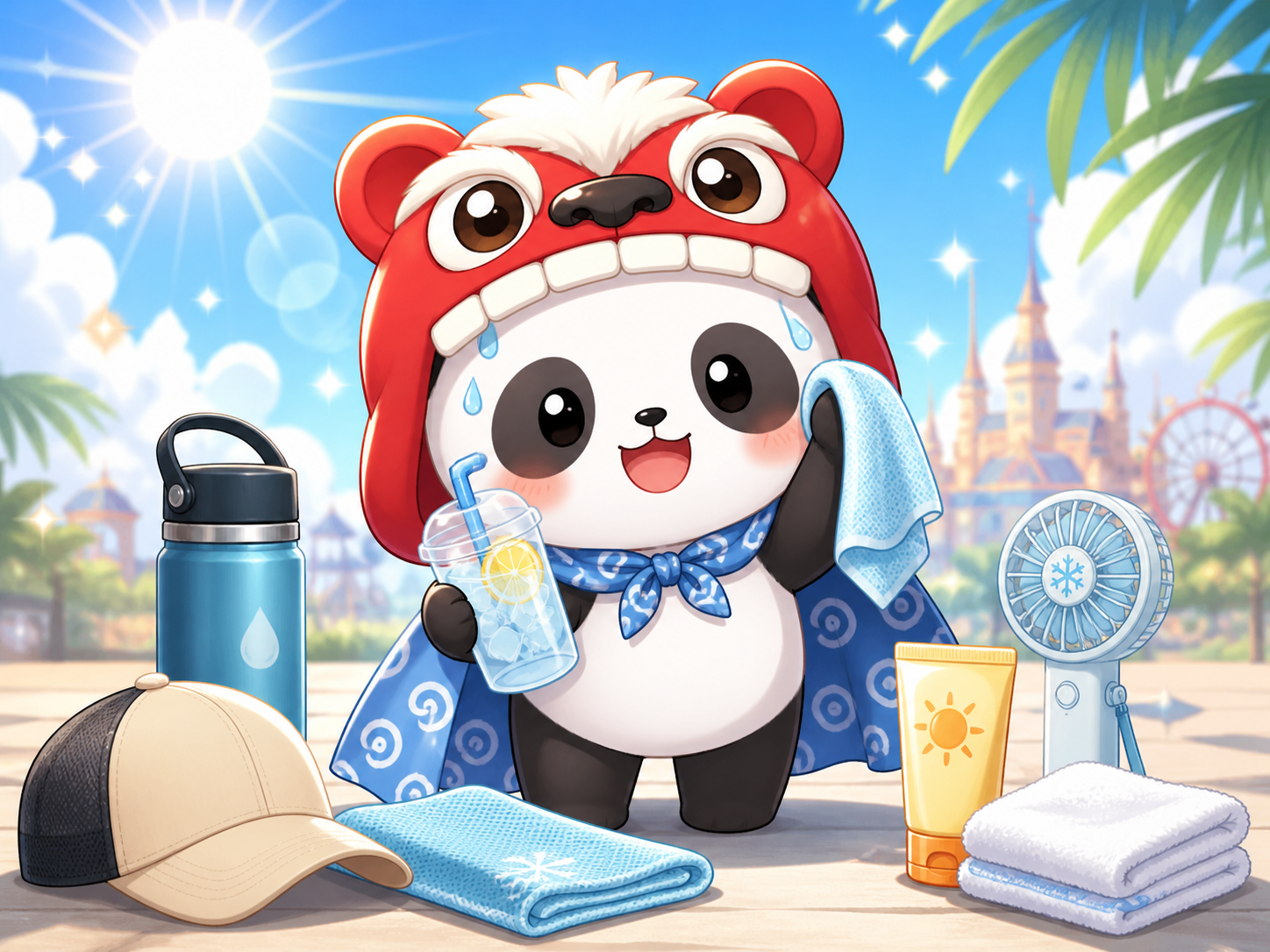 暑い日のディズニーに備えるふーひんと夏の持ち物イラスト