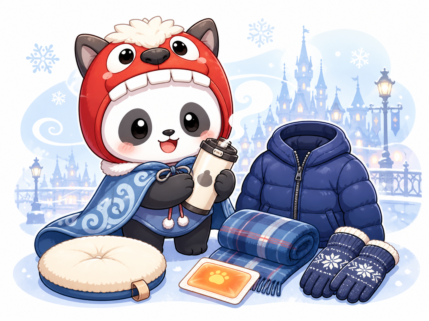 寒い日のディズニーに備えるふーひんと冬の持ち物イラスト