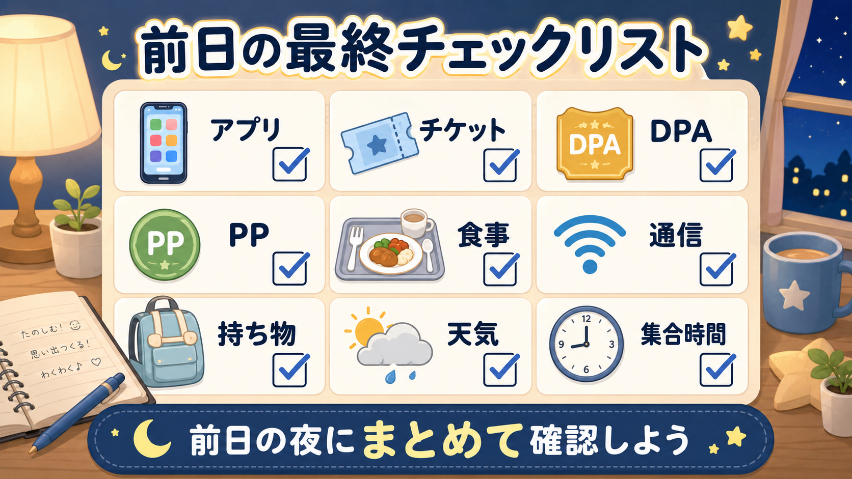 ディズニー前日の夜に公式アプリ、チケット、DPA、PP、食事、通信、持ち物、天気、集合時間を最終確認する図解