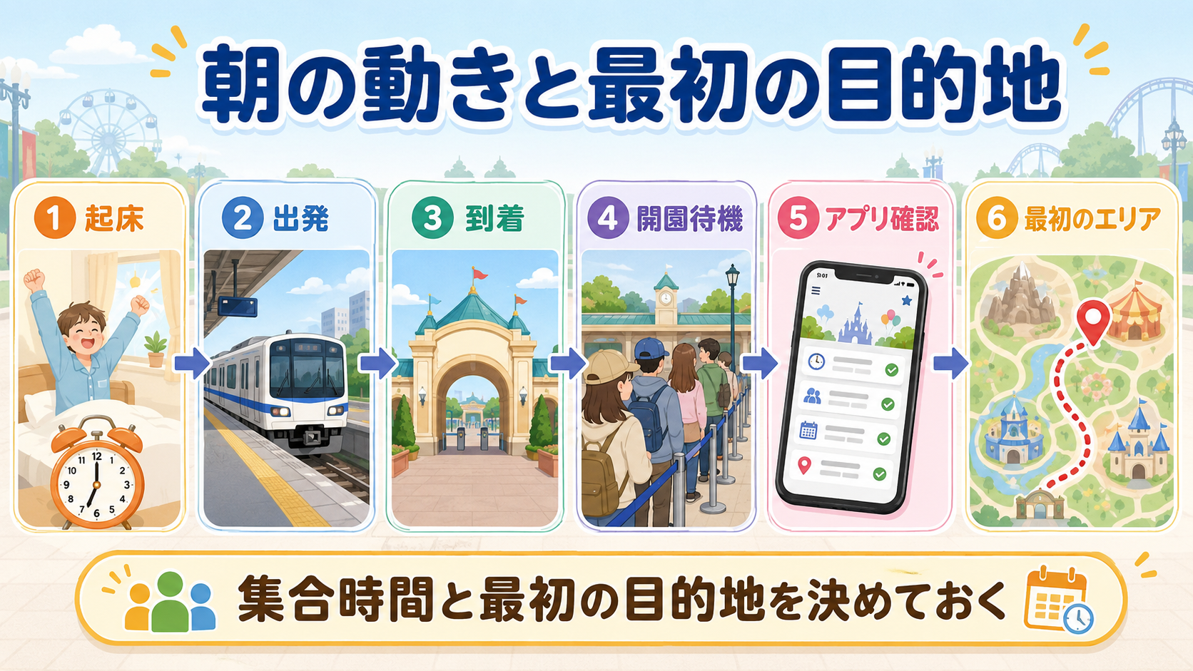 ディズニー当日の起床、出発、到着、開園待機、アプリ確認、最初のエリアを前日に決める図解