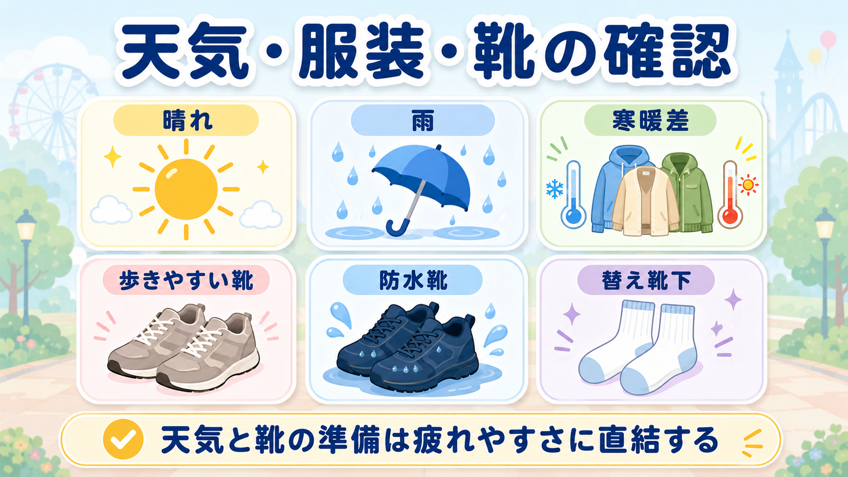 ディズニー前日に晴れ、雨、寒暖差、歩きやすい靴、防水靴、替え靴下を確認する図解