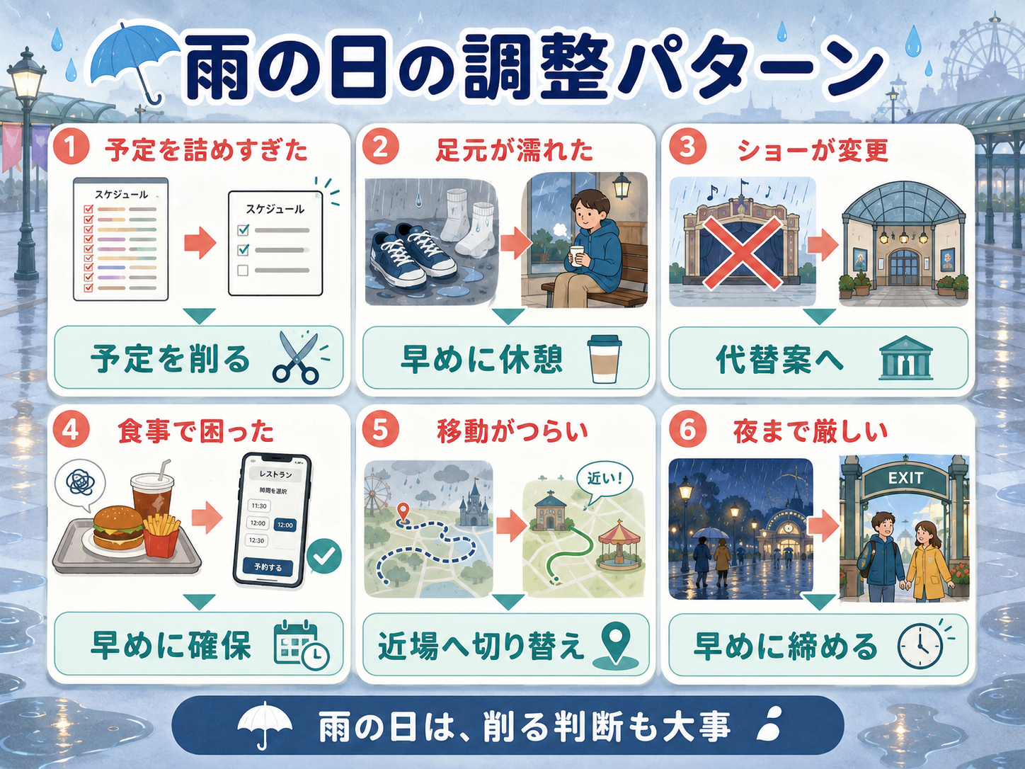 雨の日の予定調整パターンを6つに整理した図解