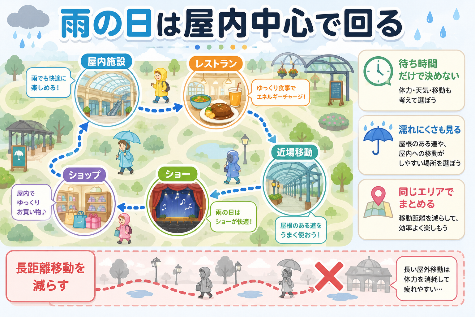 雨の日は屋内施設、レストラン、ショップ、ショーを中心に回る図解