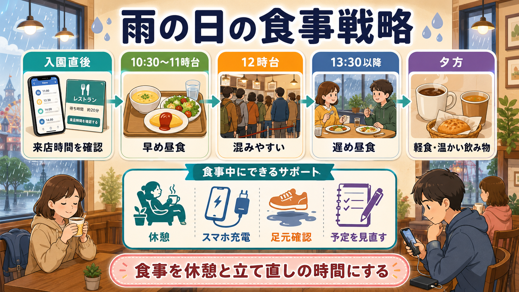 雨の日の食事戦略を時間帯別に整理した図解