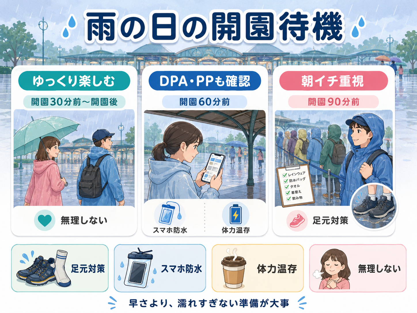 雨の日の開園待機で到着目安と足元対策を整理した図解