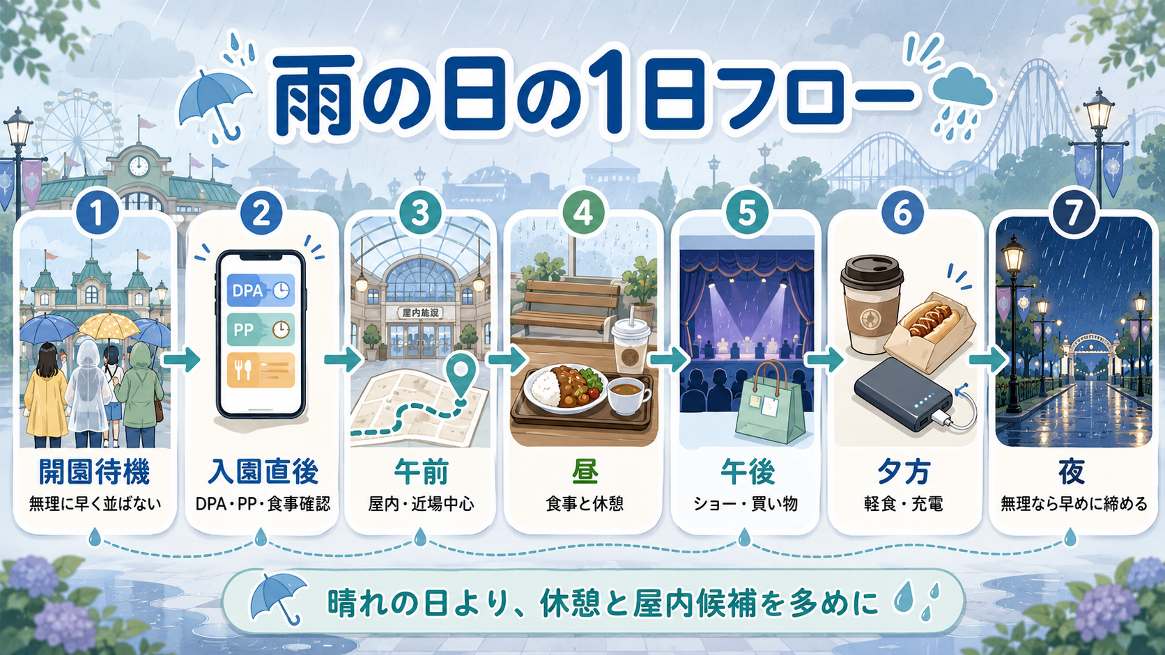 雨の日の開園待機から夜までの1日フロー図解