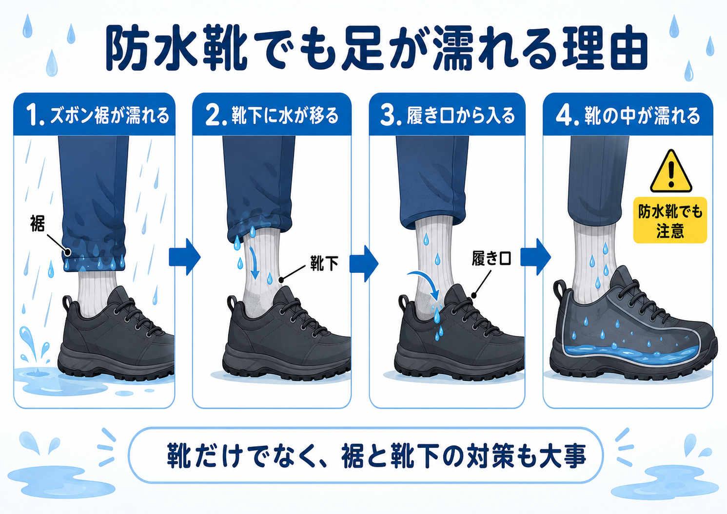 防水靴でもズボン裾や靴下から足が濡れる理由を示す図解