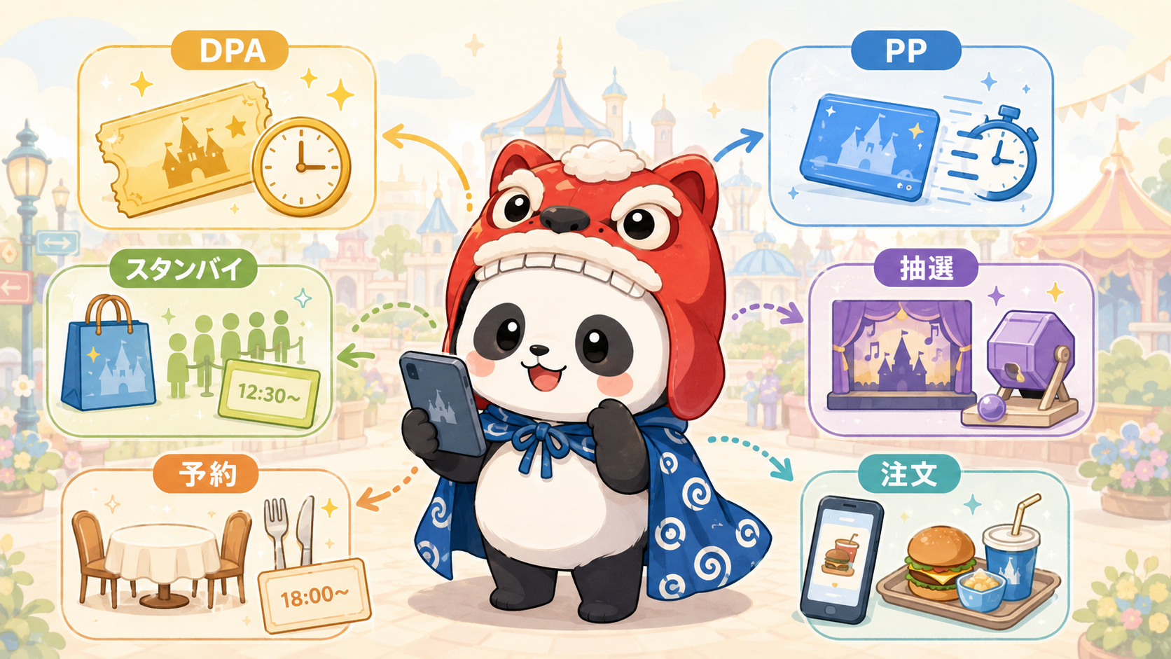 ふーひんがスマホアプリを見ながら、DPA・PP・レストラン予約を整理している攻略イラスト