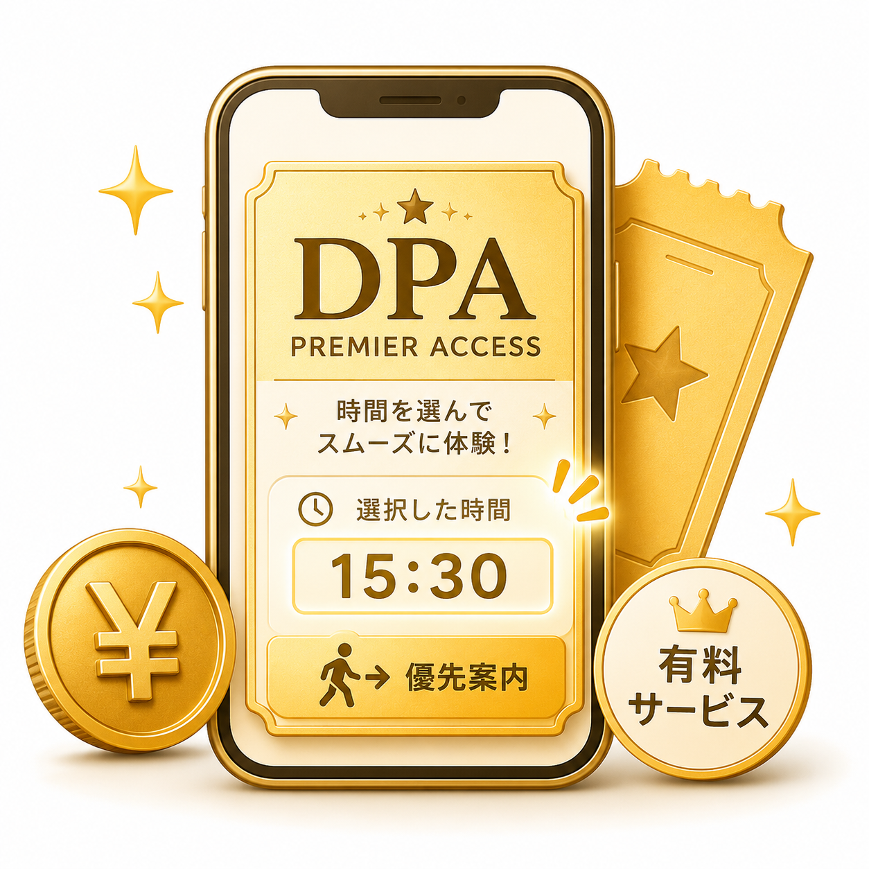 DPAは有料で時間を選び、対象施設をスムーズに体験するサービスであることを示す図解