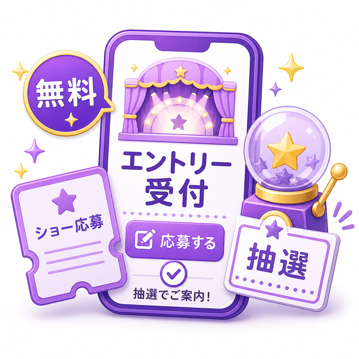 エントリー受付はショーなどへ応募し抽選で案内されるサービスであることを示す図解