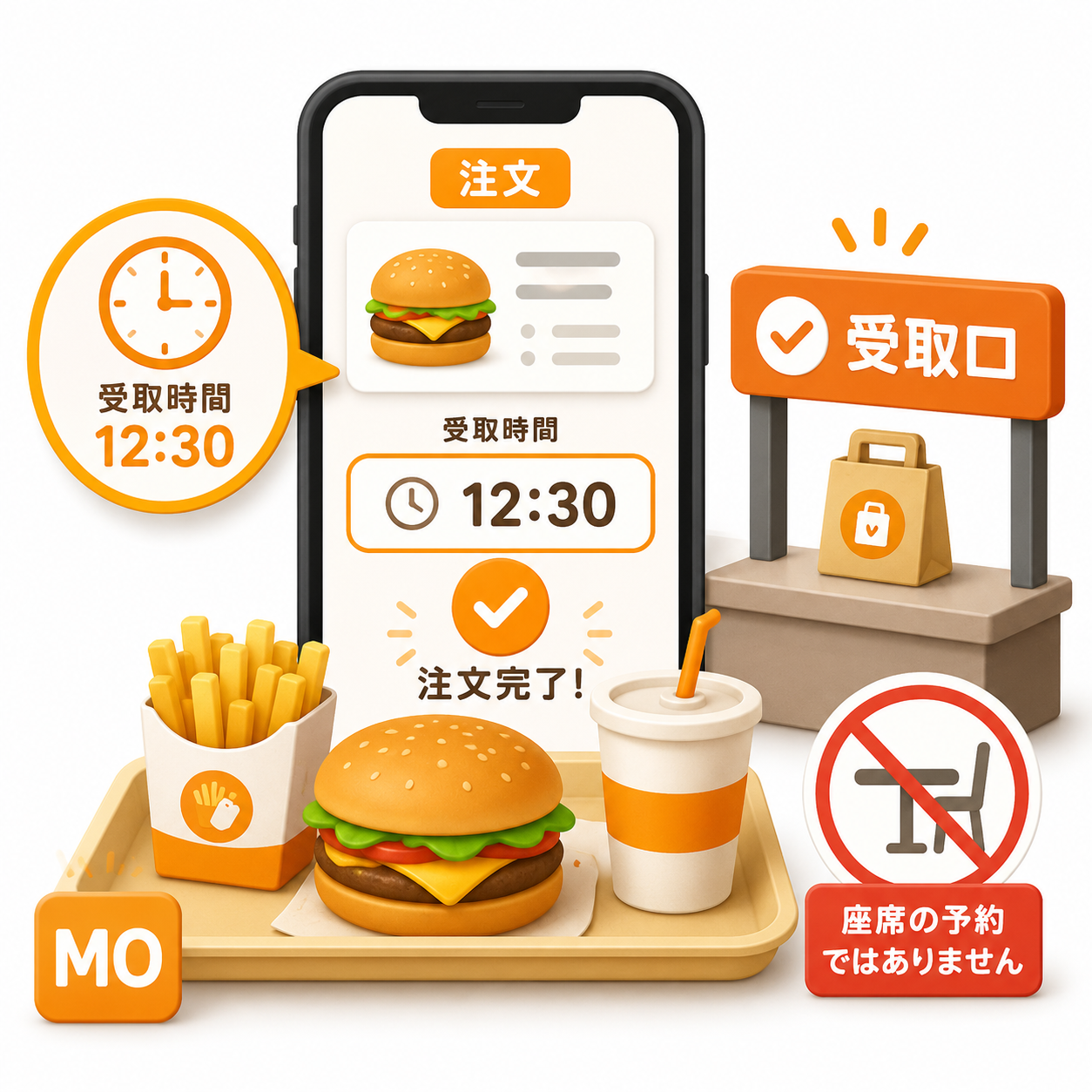 モバイルオーダーはアプリで注文して受取口で受け取るサービスであり、座席予約ではないことを示す図解